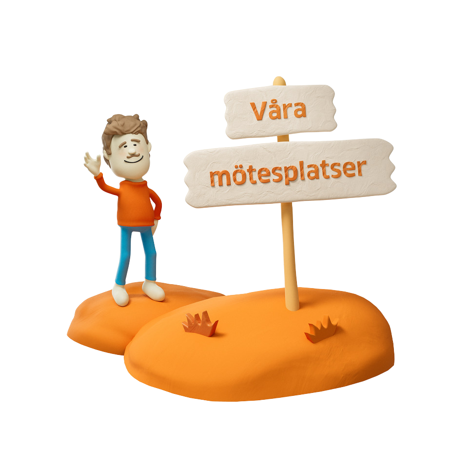 En man som står och vinkar bredvid en skylt som säger Våra mötesplatser